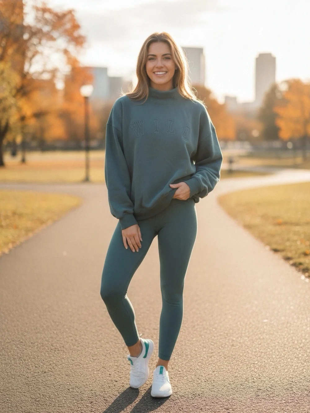 NWT Wilo The Label Teal Green Funnel Neck Sweatshirt & Legging Set Size Medium